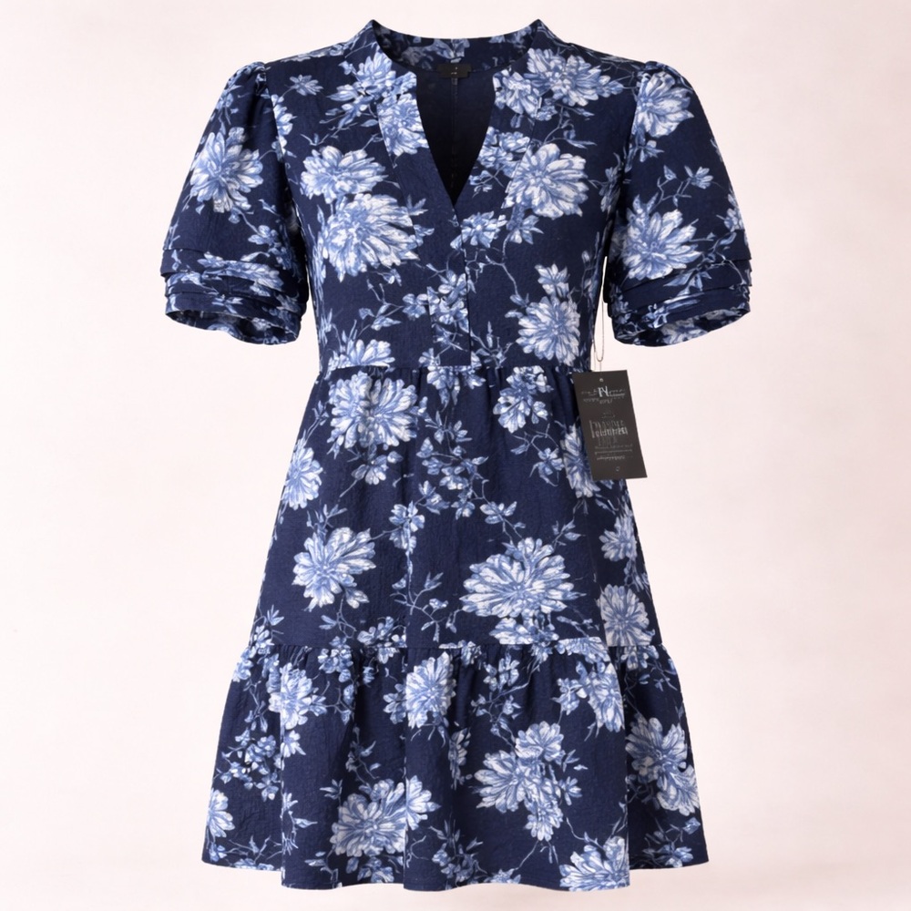 NWT R&M Richards Studio Navy Blue Floral Puff Sleeve Dress PM